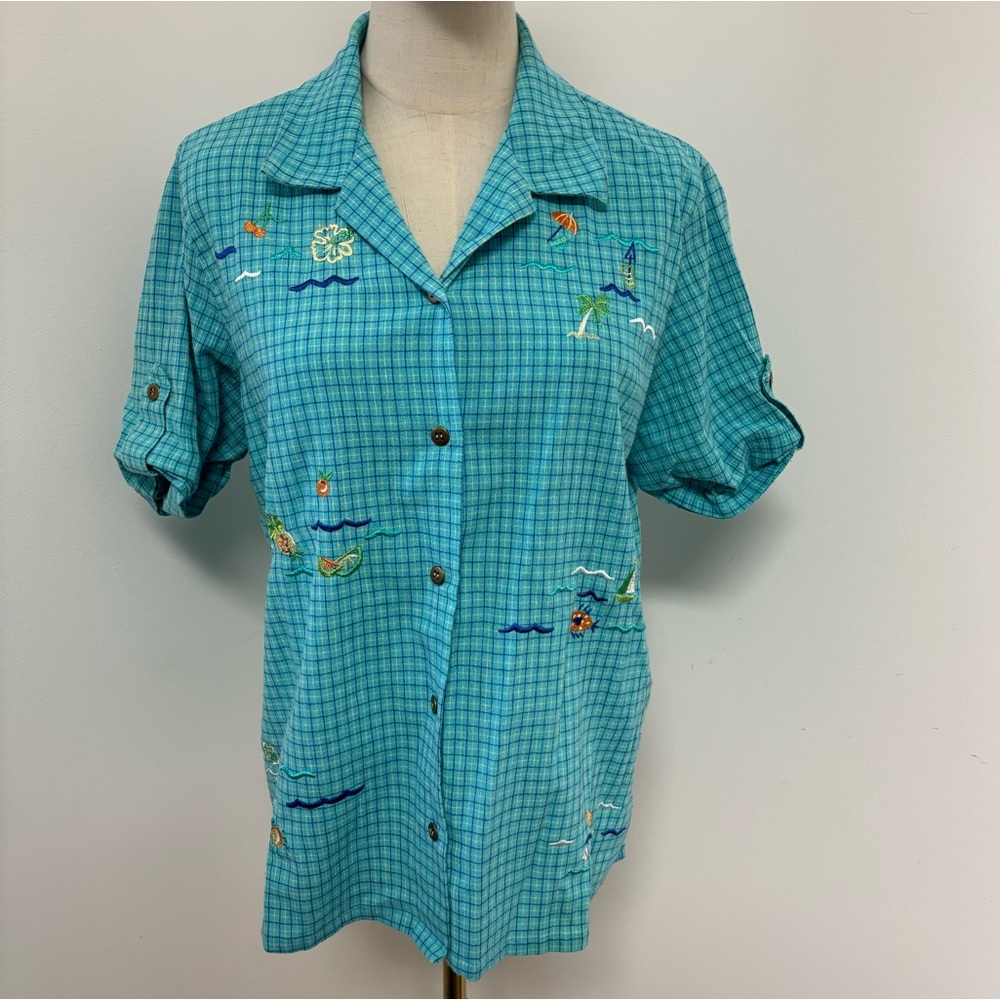 Vintage Koret Blue/Green Plaid Short Sleeve Summer Theme Embroidery Button Down